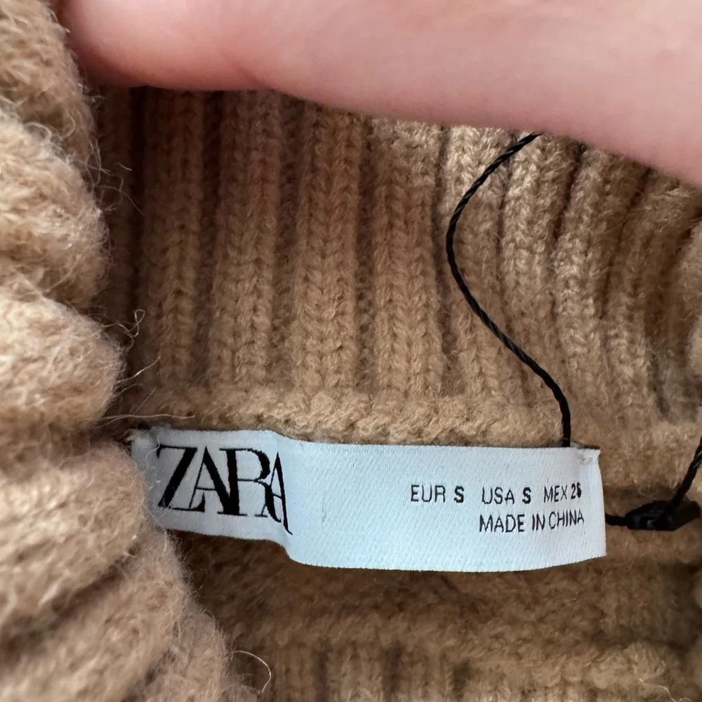 Zara Camel Cable Knit Turtleneck Asymmetrical Sweater